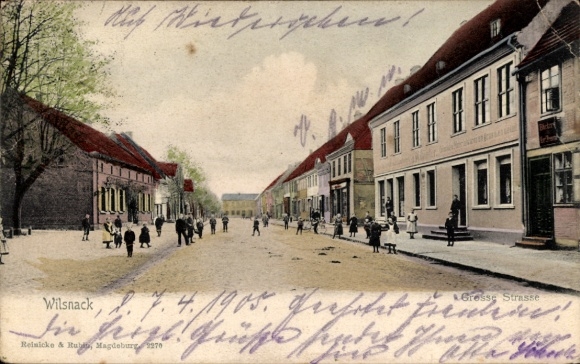 Postcard Bad Wilsnack in the Prignitz, colorful street, residential buildings, people, historical architecture...