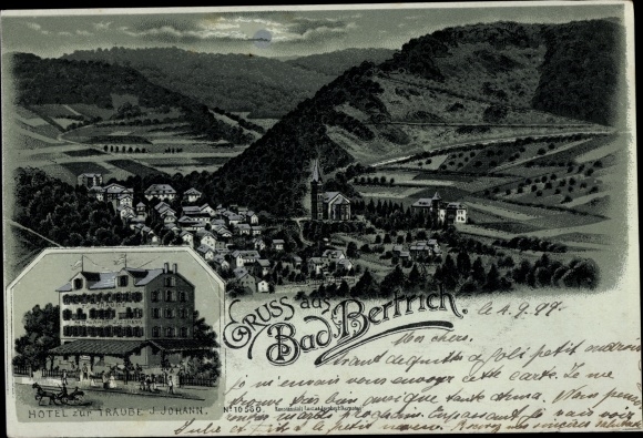 Moonlight Chromo-Litho Bad Bertrich on the Moselle Eifel, Hotel zur Traube, view of the town