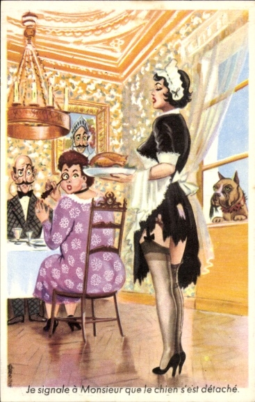 Postcard Je signals à Monsieur que le chien s'est détaché, maid, stockings, dog
