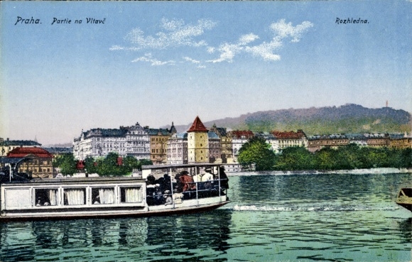 Postcard Praha Prague Czech Republic, Vltava River, observation tower, city