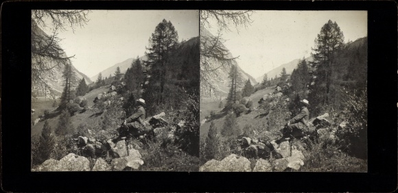 Stereo photo Zermatt Kt. Valais Switzerland, landscape, hikers, 1908