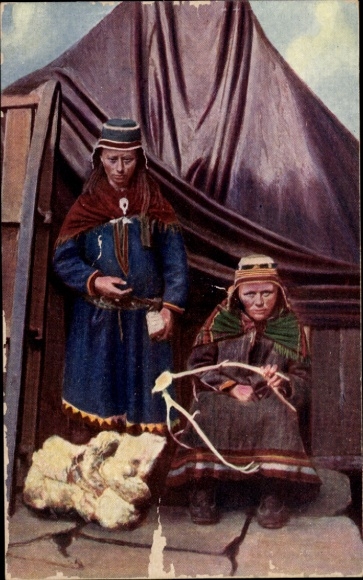 Postcard girl in folk costume, antlers, Finland, Lapland