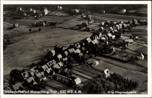 Postcard Masserberg in Thuringia, aerial photograph of Thuringia, 830 m above sea level, rows of houses, landscape