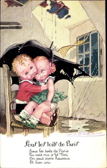 Artist PC Mauzan, Sous les Toits de Paris, Lovers, Rain, Loch