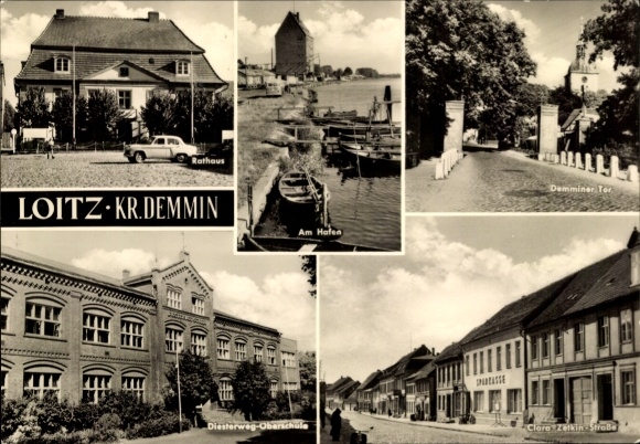 Postcard Loitz in Vorpommern, Town Hall, Demminer Gate, Clara Zetkin Street, Diesterweg High School, Harbor
