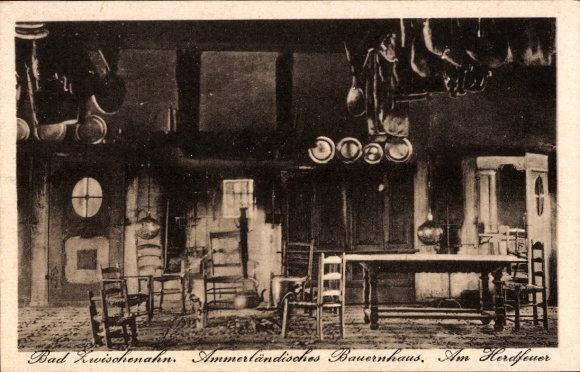 Postcard Bad Zwischenahn in Oldenburg, Ammerland farmhouse, hearth fire, tables, chairs, pots