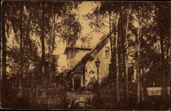 Postcard Coswig in Saxony, historic building, surrounded by trees, parking garage, sepia-colored, nostalgic