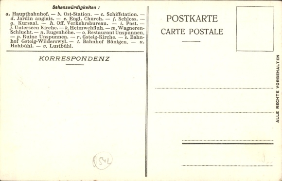 City map Postcard Interlaken Canton Bern Switzerland, Aare, main station, Restaurant Harderkulm