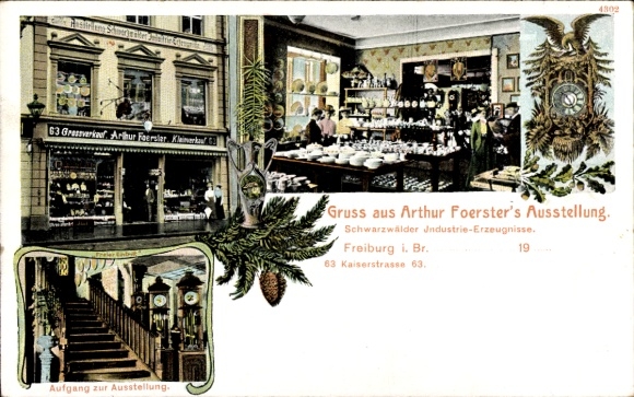 Ansichtkaart Freiburg im Breisgau, tentoonstelling van Arthur Foerster, Kaiserstraße 63, Schwarzwalduhr