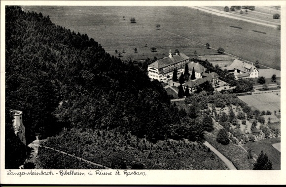 Postcard Langensteinbach Karlsbad in Baden, aerial photograph, Bibelheim, ruins of St. Barbara