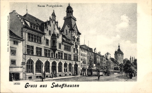 Postcard Schaffhausen City Switzerland, New Post Office Building, Tram