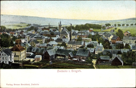 Postcard Zwönitz in the Erzgebirge of Saxony, total view of the village