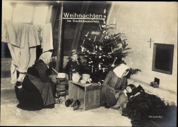 Postcard Congratulations Christmas, Christmas in the attic, fir tree, family, oven