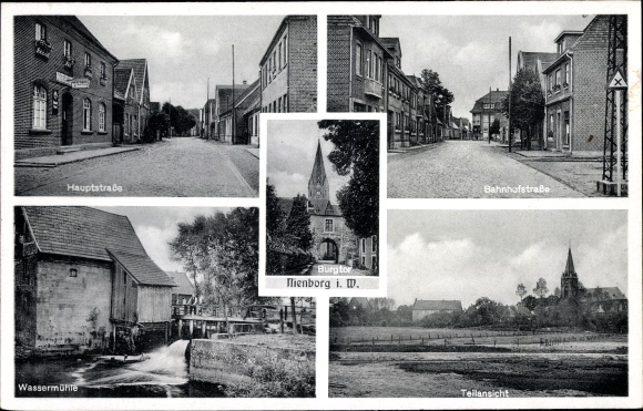 Postcard Nienborg Heek in Westphalia, Burgtor, Bahnhofstrasse, partial view, water mill