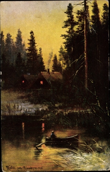 Artist Postcard Müller, August, forest idyll, rowing boat, dusk, house