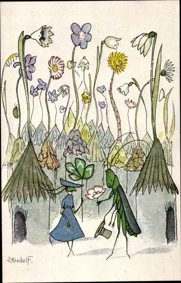 Artist PC Kreidolf, Ernst, grasshopper couple, well-wisher, art warden picture card No. 205