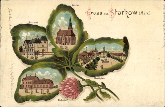 Clover Leaf Chromo-Litho Storkow in the Mark, Church, Market Square, Train Station, Post Office