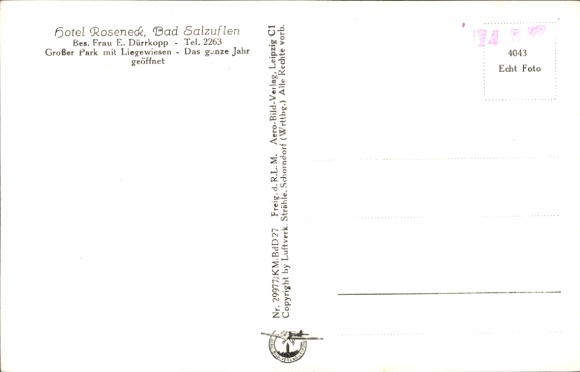 Postcard Bad Salzuflen in Lippe, aerial photograph, Hotel Roseneck
