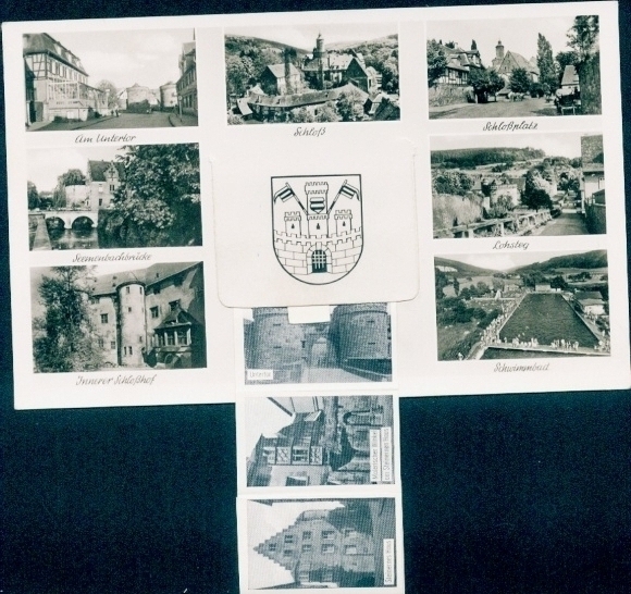 Leporello Postcard Büdingen in Hesse, coat of arms, castle, Untertor, stone house, Lohsteg, swimming pool