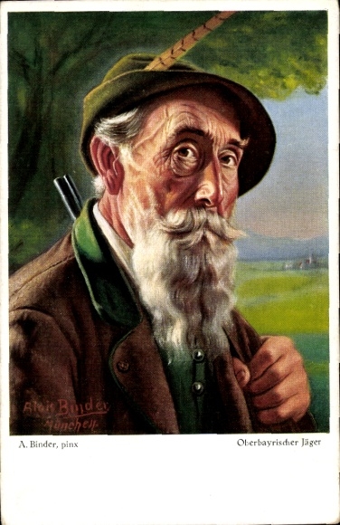 Artist Postcard Binder, Alois, Upper Bavarian hunter, rifle, hat with feather