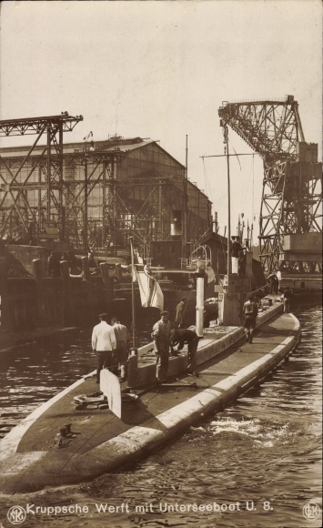 Postcard German submarine, submarine, U 8, Kruppsche Werft Kiel, NPG, GLK