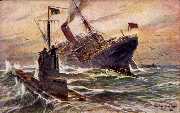 Artist Postcard Stöwer, Willy, Destruction of an English merchant steamer by a German submarine