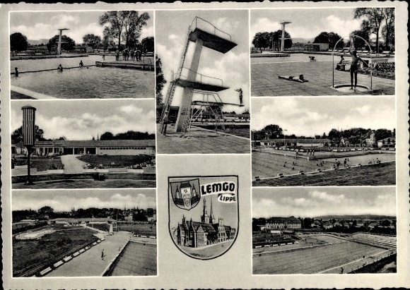 Ak Lemgo in Lippe, Schwimmbad, Sprungturm, Sportanlagen, viele Wasseraktivitäten