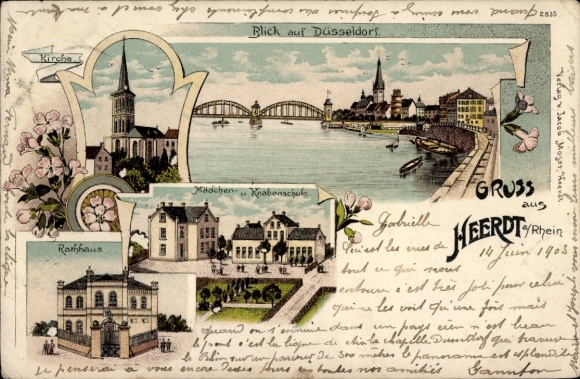 Litho Heerdt Düsseldorf am Rhein, Rathaus, Mädchenschule, Knabenschule, Rheinbrücke, Kirche