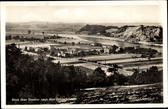 Ak Diesbar Seußlitz Nünchritz aan de Elbe, uitzicht over de stad naar de Görischfelsen