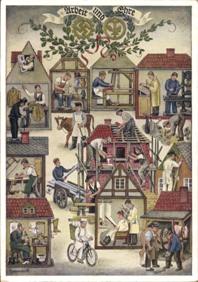 Artist Postcard Reichshandwerkertag 1936, Work and Honor, Hairdresser, Baker, Potter, Chimney Sweep