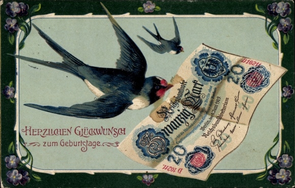 Embossed Chromo-Litho Happy Birthday, Swallow with Twenty Mark Reichsbanknote