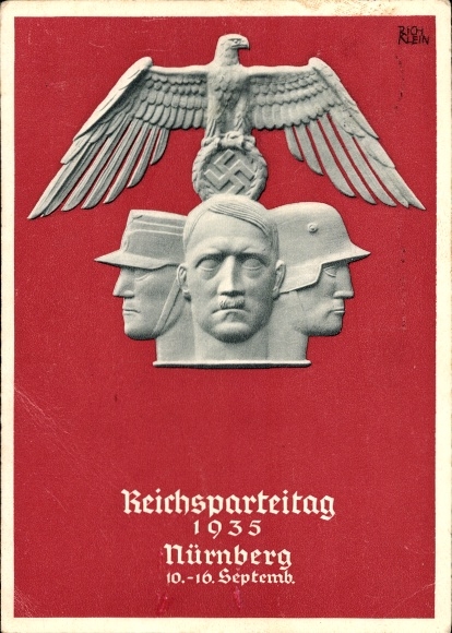 Kunstenaar Ak Klein, R., NSDAP-nazi-partijbijeenkomst 1935, buste van Adolf Hitler, Rijksadelaar, SA, SS