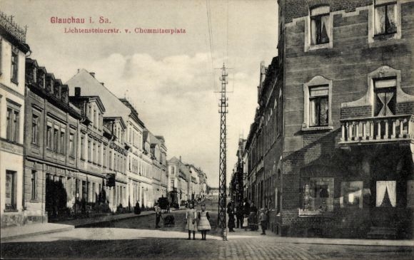 Postcard Glauchau in Saxony, Lichtensteiner Straße, Chemnitzer Platz