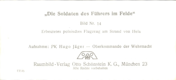 Stereo image photo "The Führer's soldiers in the field" No. 14, captured Polish aircraft on Hela
