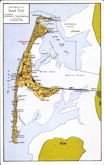 Kaarten Ak-eiland Sylt, Westerland, Lijst, Hindenburgdamm, Föhr