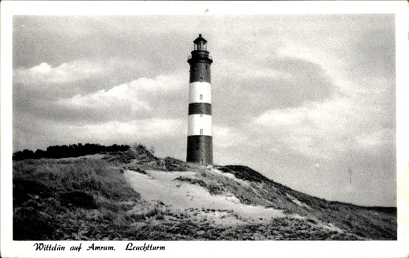 Postcard Wittdün on Amrum North Frisia, lighthouse, sandy beaches, clouds, black and white photography