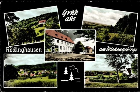 Ak Rödinghausen Westfalen, Vorderseite: Landschaft, Gebäude, Wiehengebirge, Postkarte, Farben