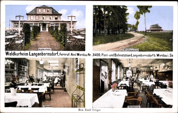 Ak Langenbernsdorf in Sachsen, Waldkurheim, Straßenansicht, Veranda, Gastzimmer, Inh. Emil Tröger