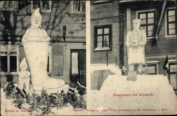 PC St. Andreasberg Braunlage in the Harz, Hauptmann von Köpenick, boots with gnomes, snow figures