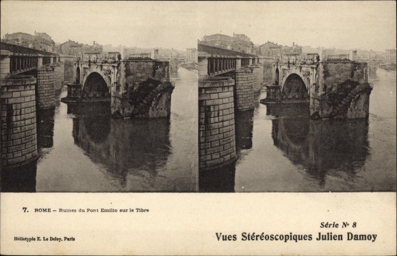 Stereo Postcard Roma Rom Lazio, Ruins of the Emilio Bridge over the Tiber