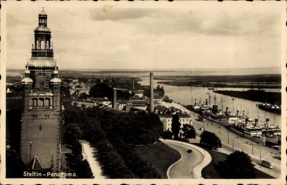 Postcard Szczecin Stettin Pomerania, panorama with Hakenterrasse, steamer