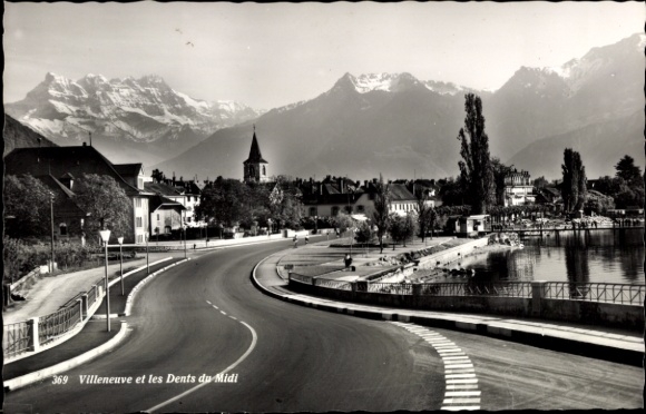 KP Villeneuve Canton Vaud, Dents du Midi, jezioro, góry, droga, drzewa