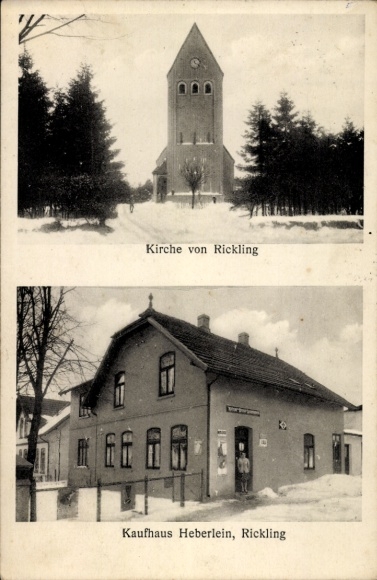 Ak Rickling in Holstein, warenhuis Heberlein, kerk, winters uitzicht