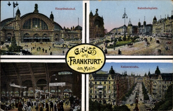 Postcard Frankfurt am Main, main station, station hall, station square, Kaiserstraße