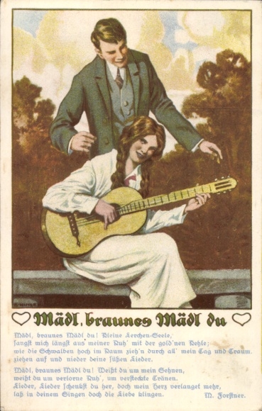 Artist Postcard poem girl, brown girl you, lovers, girl with guitar