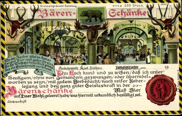 Chromo-Litho Dresden center old town, antler collection of the Bärenschänke, landlord Karl Höhne, seal