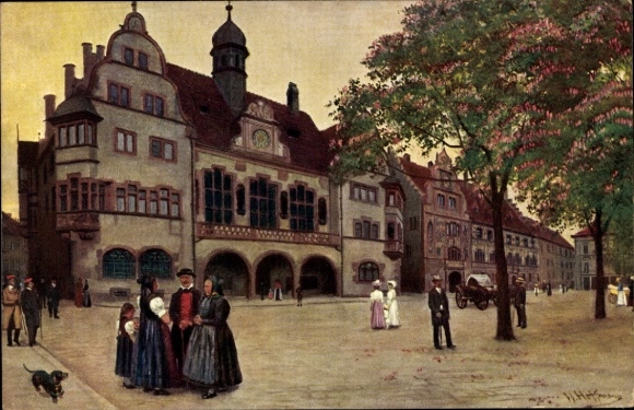 Ak Altstadt Freiburg im Breisgau, Altes und neues Rathaus, Menschen, Bäume, Straßenansicht