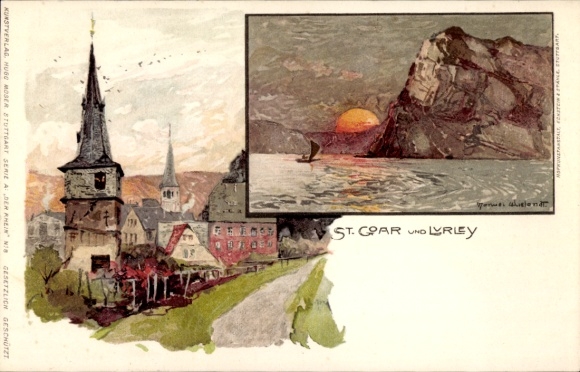 Artysta lito St. Goar am Rhein, widok na miasto, skały Loreley