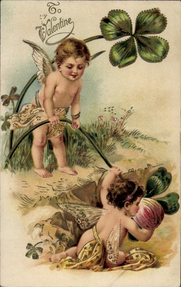 Embossed Card Congratulations Valentine's Day, Love Angel, Lucky Clover