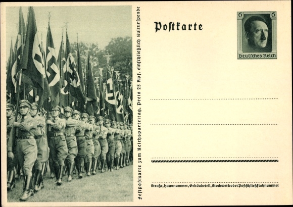 Postal stationery PC Nuremberg, Nazi Party Rally 1937, SA men with flags